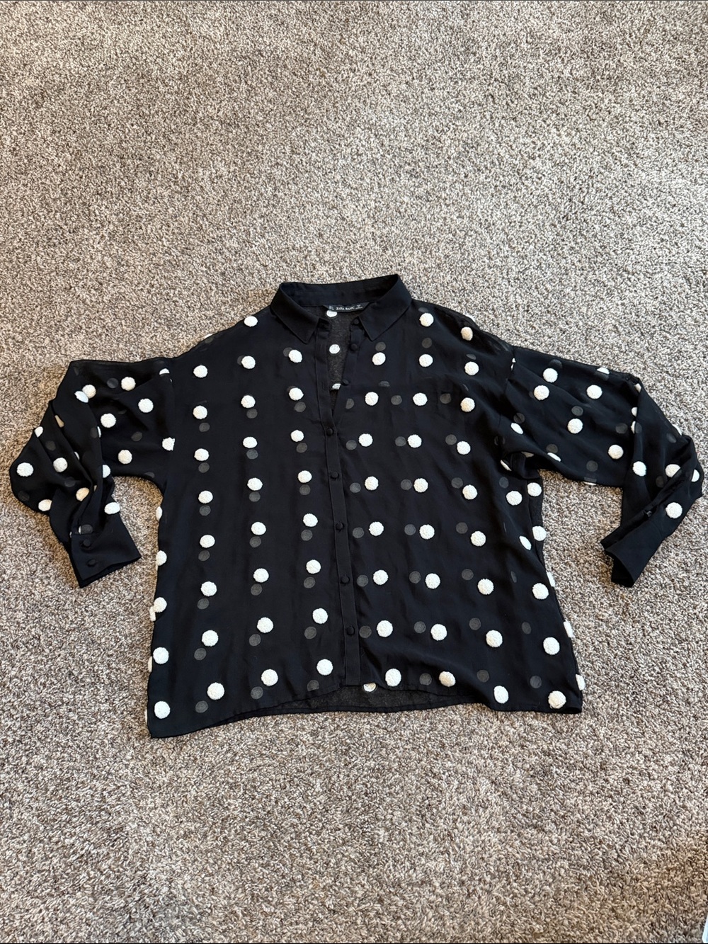 Zara Black Button-Up Sheer Blouse Textured Polka Dots Size Large
